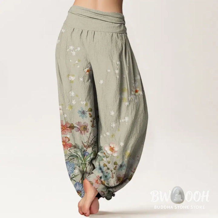 Buddha Stones Cotton Various Flowers Pattern Women’s Elastic Waist Harem Pants - Women’s Harem Pants