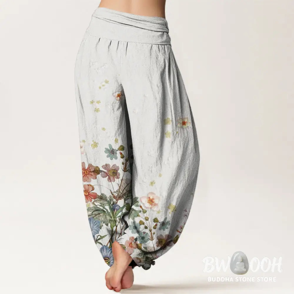 Buddha Stones Cotton Various Flowers Pattern Women’s Elastic Waist Harem Pants - Women’s Harem Pants