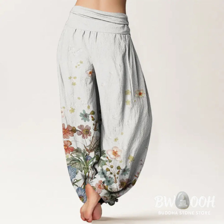 Buddha Stones Cotton Various Flowers Pattern Women’s Elastic Waist Harem Pants - Women’s Harem Pants