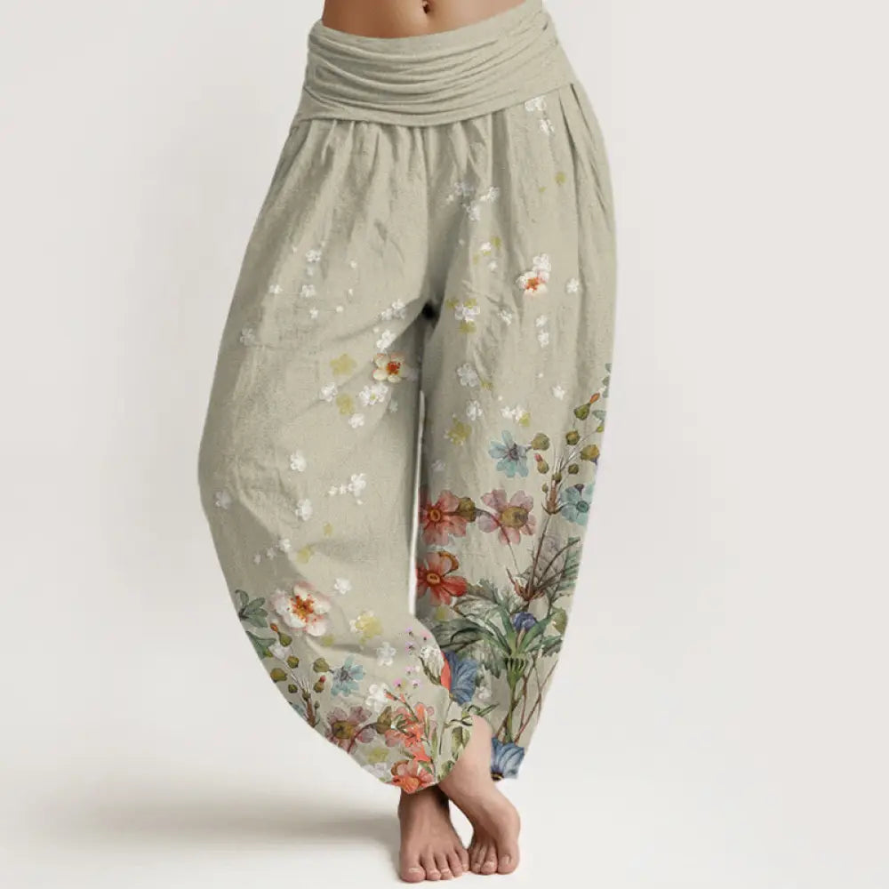 Buddha Stones Cotton Various Flowers Pattern Women’s Elastic Waist Harem Pants - DarkSeaGreen / US2，UK/AU6，EU34 (XS)