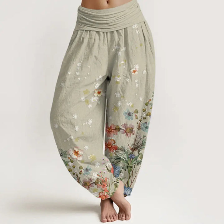Buddha Stones Cotton Various Flowers Pattern Women’s Elastic Waist Harem Pants - DarkSeaGreen / US2，UK/AU6，EU34 (XS)