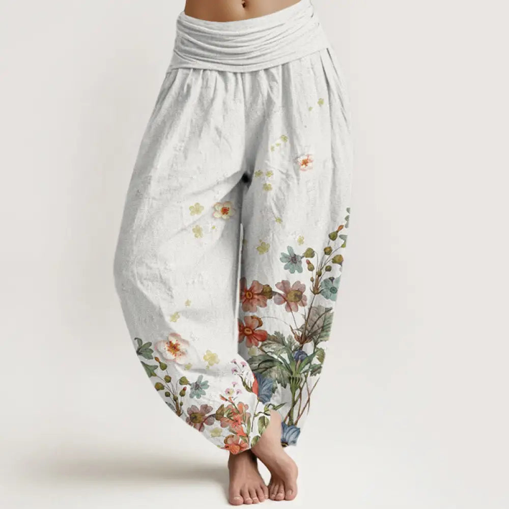 Buddha Stones Cotton Various Flowers Pattern Women’s Elastic Waist Harem Pants - WhiteSmoke / US2，UK/AU6，EU34 (XS)