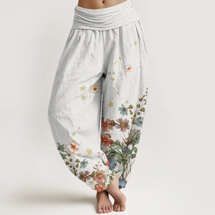 Buddha Stones Cotton Various Flowers Pattern Women’s Elastic Waist Harem Pants - WhiteSmoke / US2，UK/AU6，EU34 (XS)