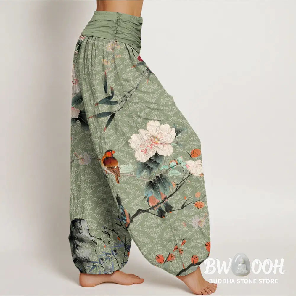 Buddha Stones Cotton Warbler Bird Blooming Flower Branches Mandala Pattern Women’s Elastic Waist Harem Pants - Women’s