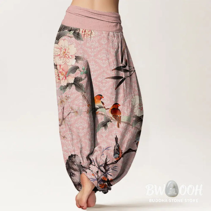 Buddha Stones Cotton Warbler Bird Blooming Flower Branches Mandala Pattern Women’s Elastic Waist Harem Pants - Women’s