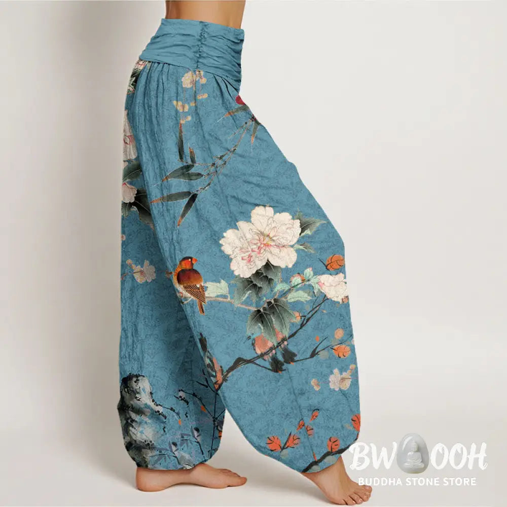 Buddha Stones Cotton Warbler Bird Blooming Flower Branches Mandala Pattern Women’s Elastic Waist Harem Pants - Women’s