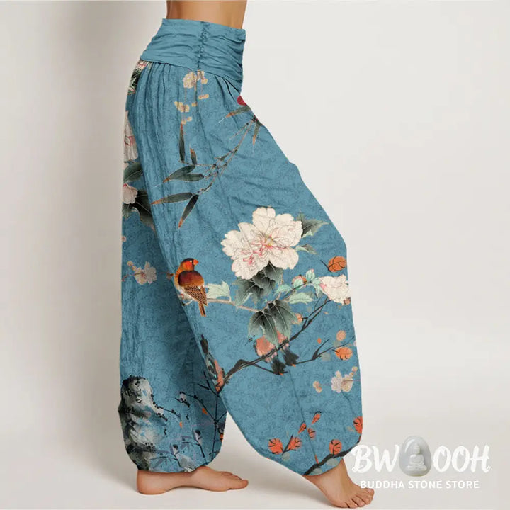 Buddha Stones Cotton Warbler Bird Blooming Flower Branches Mandala Pattern Women’s Elastic Waist Harem Pants - Women’s