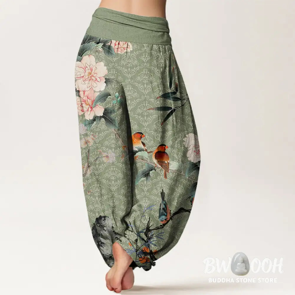 Buddha Stones Cotton Warbler Bird Blooming Flower Branches Mandala Pattern Women’s Elastic Waist Harem Pants - Women’s