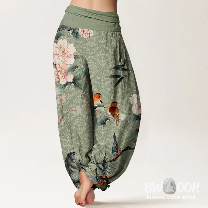 Buddha Stones Cotton Warbler Bird Blooming Flower Branches Mandala Pattern Women’s Elastic Waist Harem Pants - Women’s