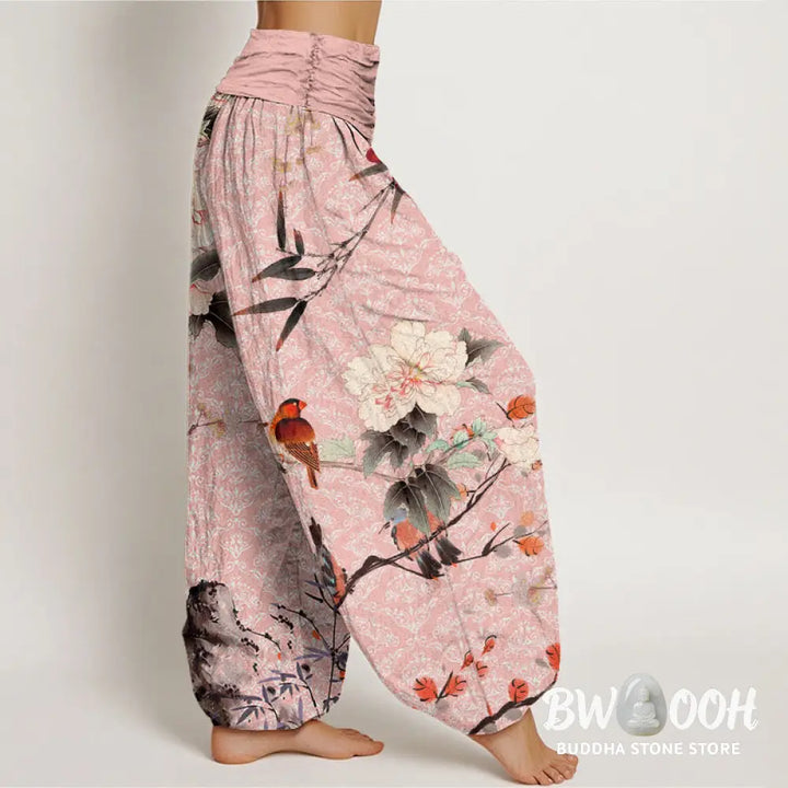 Buddha Stones Cotton Warbler Bird Blooming Flower Branches Mandala Pattern Women’s Elastic Waist Harem Pants - Women’s