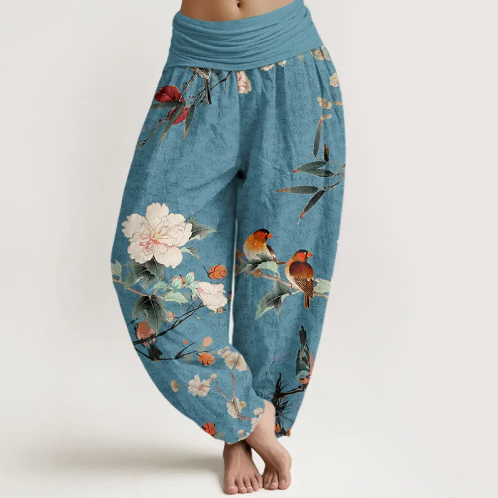 Buddha Stones Cotton Warbler Bird Blooming Flower Branches Mandala Pattern Women’s Elastic Waist Harem Pants
