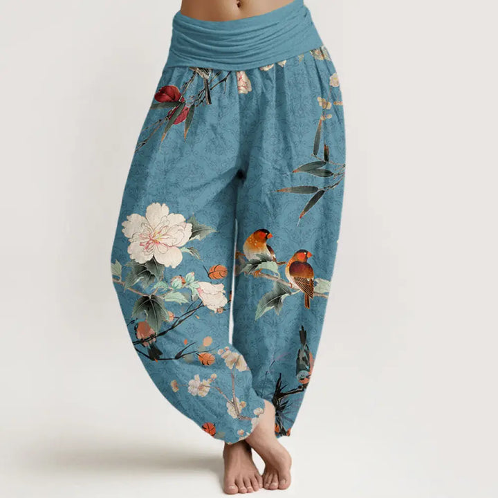 Buddha Stones Cotton Warbler Bird Blooming Flower Branches Mandala Pattern Women’s Elastic Waist Harem Pants