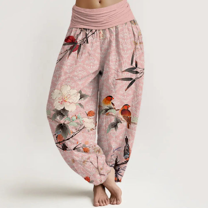 Buddha Stones Cotton Warbler Bird Blooming Flower Branches Mandala Pattern Women’s Elastic Waist Harem Pants - Pink