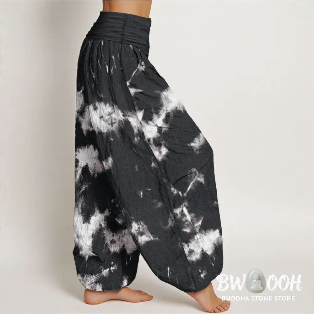 Buddha Stones Cotton White Lines Spots Tie-Dye Pattern Women’s Elastic Waist Harem Pants - Women’s Harem Pants