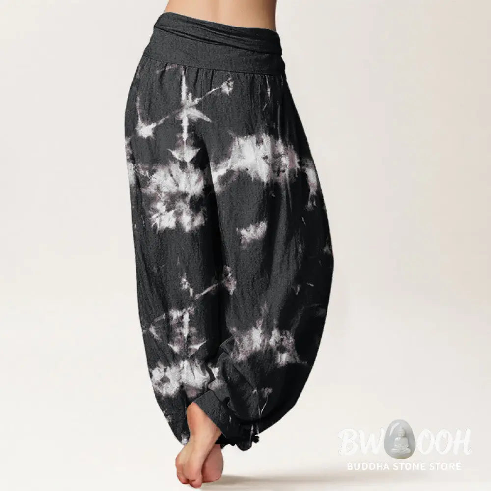 Buddha Stones Cotton White Lines Spots Tie-Dye Pattern Women’s Elastic Waist Harem Pants - Women’s Harem Pants
