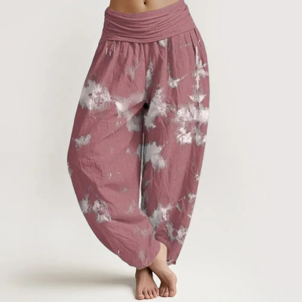 Buddha Stones Cotton White Lines Spots Tie-Dye Pattern Women’s Elastic Waist Harem Pants - IndianRed / US2，UK/AU6，EU34