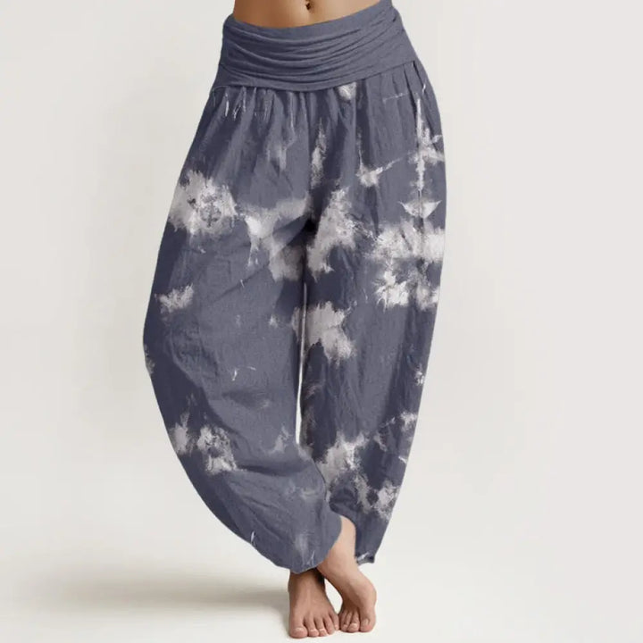 Buddha Stones Cotton White Lines Spots Tie-Dye Pattern Women’s Elastic Waist Harem Pants - SteelBlue / US2，UK/AU6，EU34