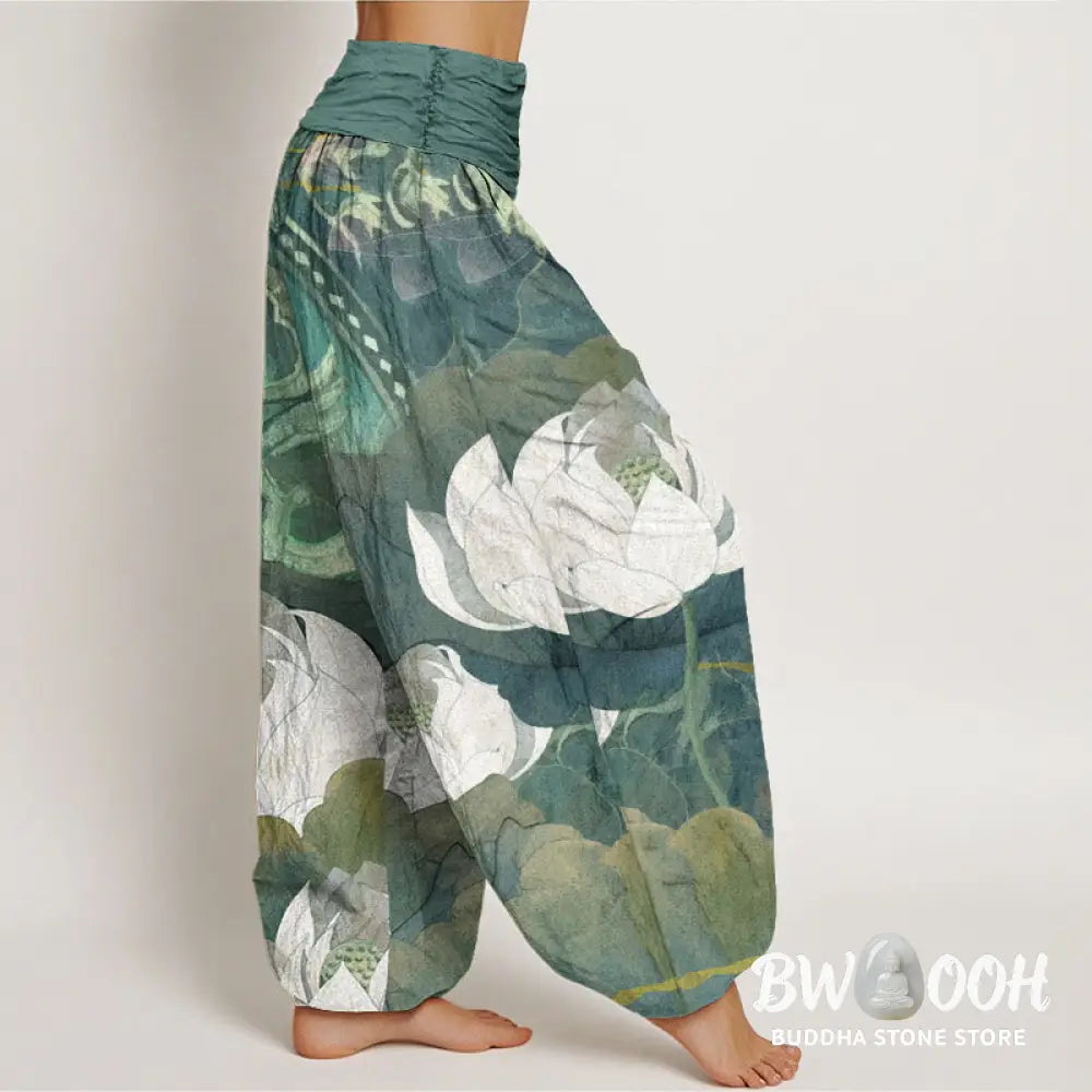 Buddha Stones Cotton White Lotus Leaves Pattern Casual Women&