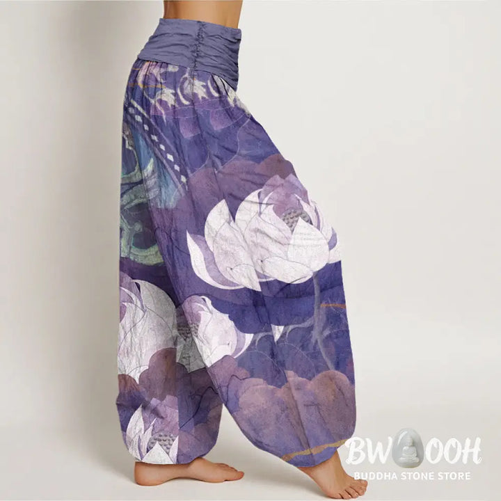 Buddha Stones Cotton White Lotus Leaves Pattern Casual Women&