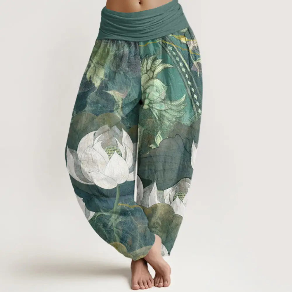 BWOOOH lotus print harem pants - Cotton White Lotus Leaves Pattern Casual