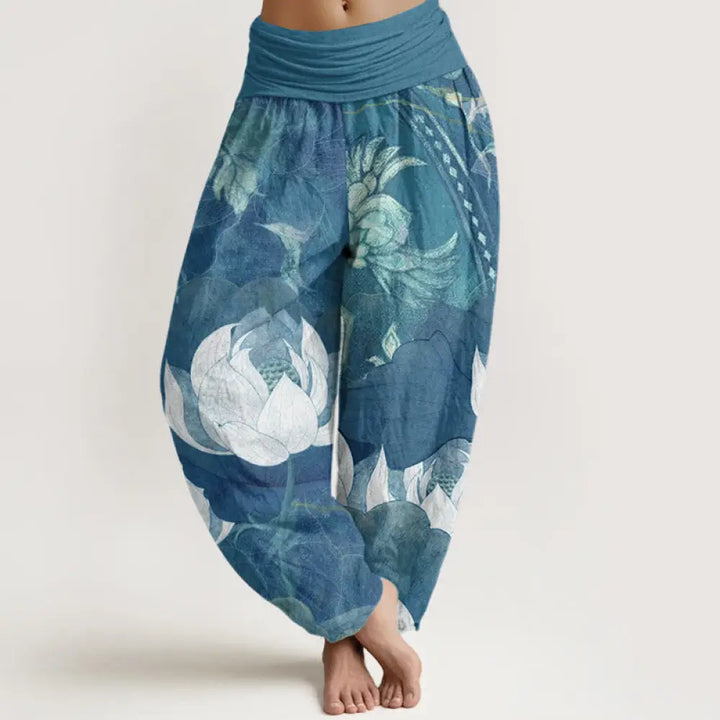 Buddha Stones Cotton White Lotus Leaves Pattern Casual Women&