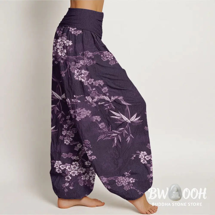Buddha Stones Cotton White Sakura Flower Pattern Women’s Elastic Waist Harem Pants - Women’s Harem Pants
