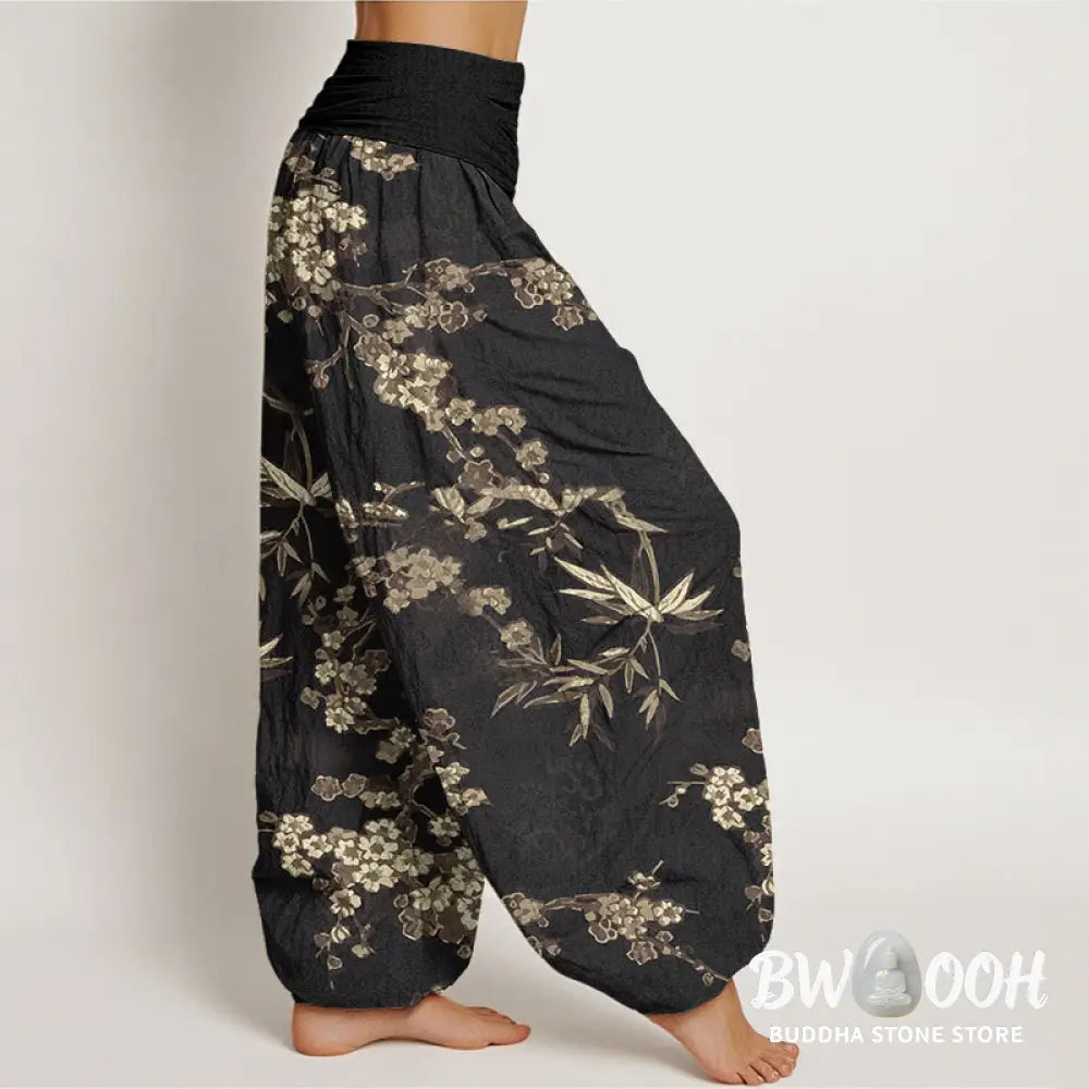 Buddha Stones Cotton White Sakura Flower Pattern Women’s Elastic Waist Harem Pants - Women’s Harem Pants