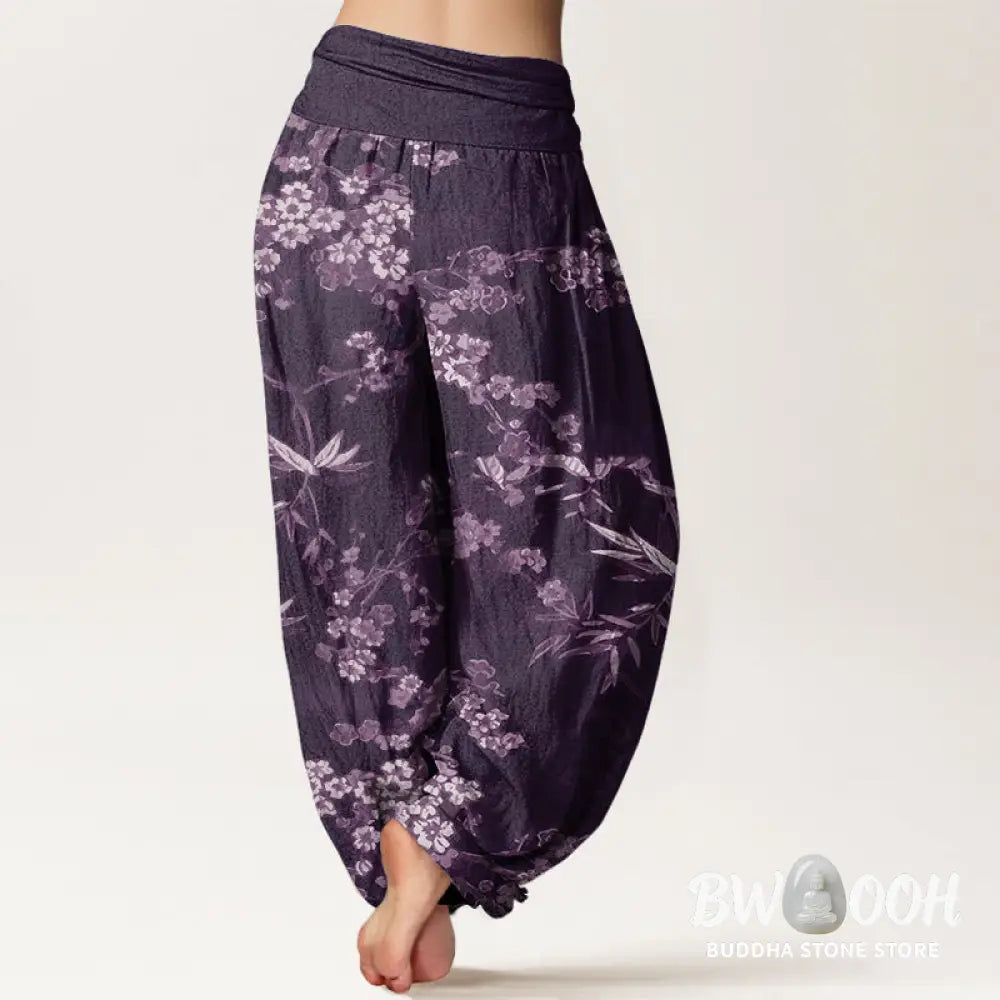 Buddha Stones Cotton White Sakura Flower Pattern Women’s Elastic Waist Harem Pants - Women’s Harem Pants