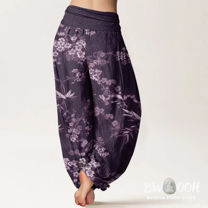Buddha Stones Cotton White Sakura Flower Pattern Women’s Elastic Waist Harem Pants - Women’s Harem Pants