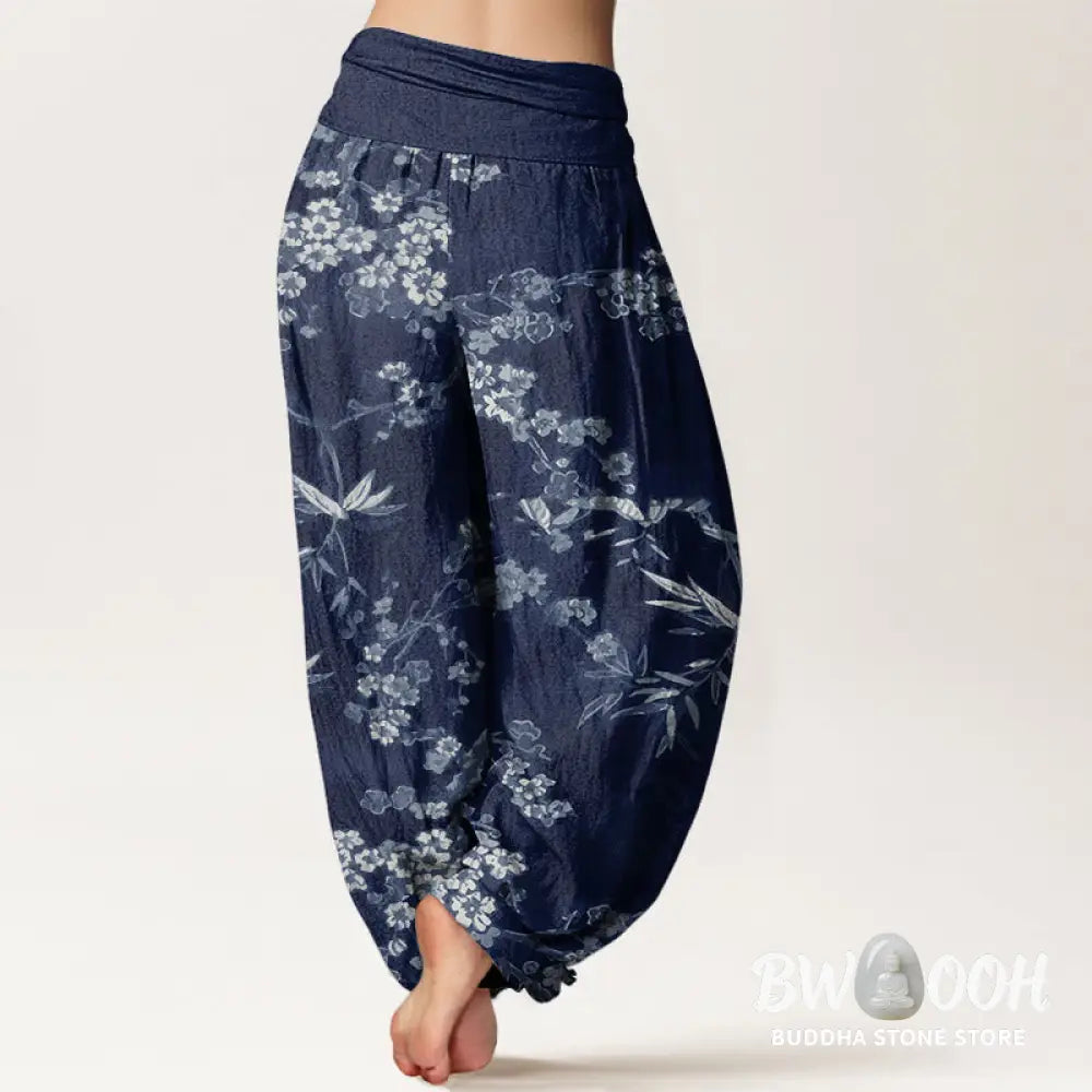 Buddha Stones Cotton White Sakura Flower Pattern Women’s Elastic Waist Harem Pants - Women’s Harem Pants