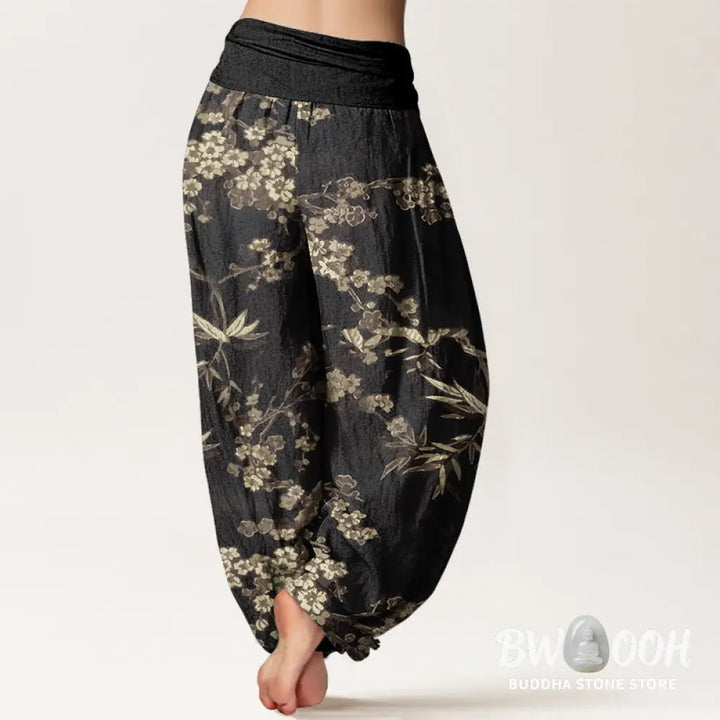 Buddha Stones Cotton White Sakura Flower Pattern Women’s Elastic Waist Harem Pants - Women’s Harem Pants