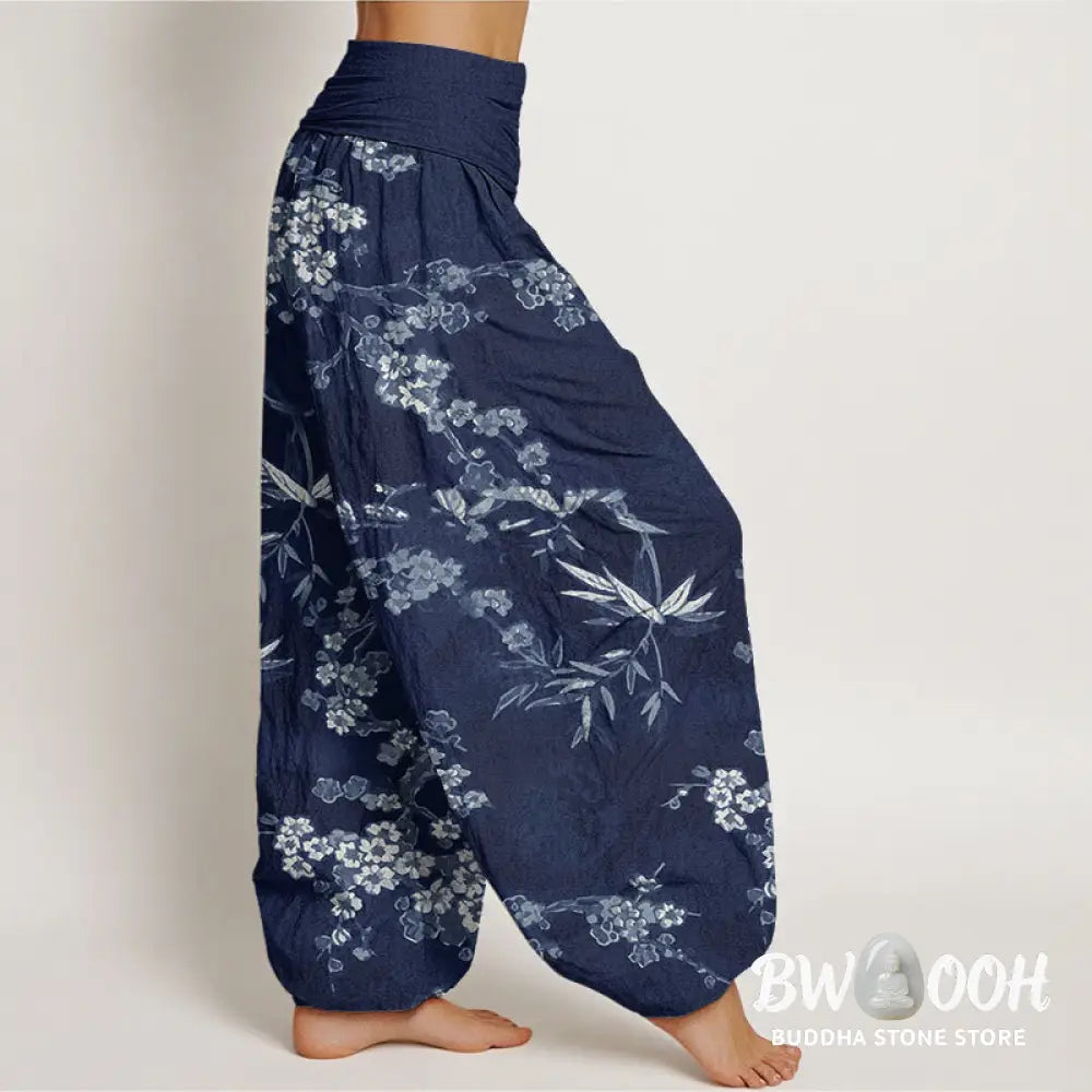 Buddha Stones Cotton White Sakura Flower Pattern Women’s Elastic Waist Harem Pants - Women’s Harem Pants