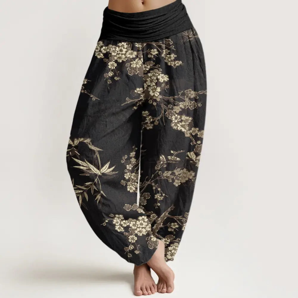 Buddha Stones Cotton White Sakura Flower Pattern Women’s Elastic Waist Harem Pants - Black / US2，UK/AU6，EU34 (XS)
