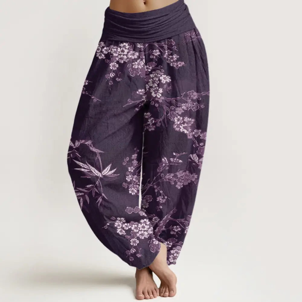 Buddha Stones Cotton White Sakura Flower Pattern Women’s Elastic Waist Harem Pants - Purple / US2，UK/AU6，EU34 (XS)