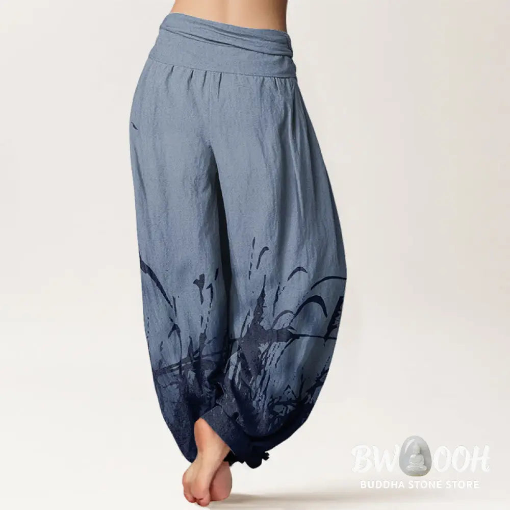 Buddha Stones Cotton Wild Grass Pattern Women’s Elastic Waist Harem Pants - Women’s Harem Pants