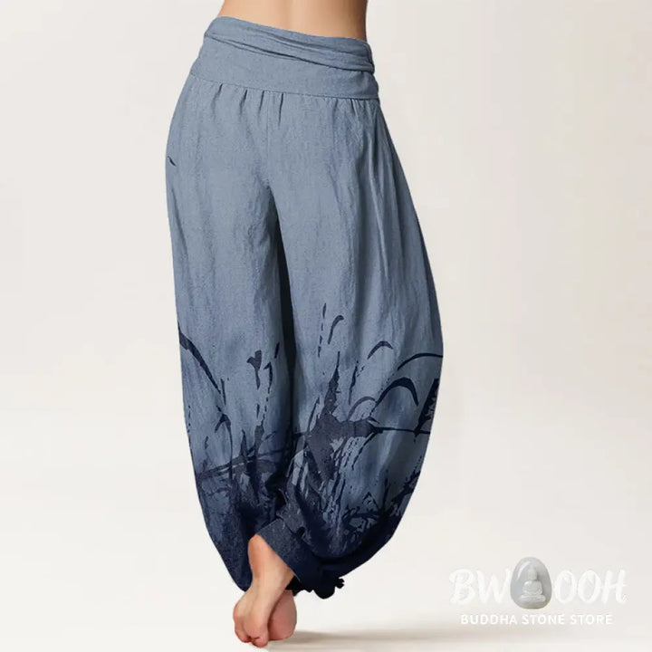 Buddha Stones Cotton Wild Grass Pattern Women’s Elastic Waist Harem Pants - Women’s Harem Pants