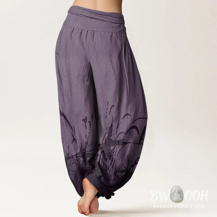 Buddha Stones Cotton Wild Grass Pattern Women’s Elastic Waist Harem Pants - Women’s Harem Pants
