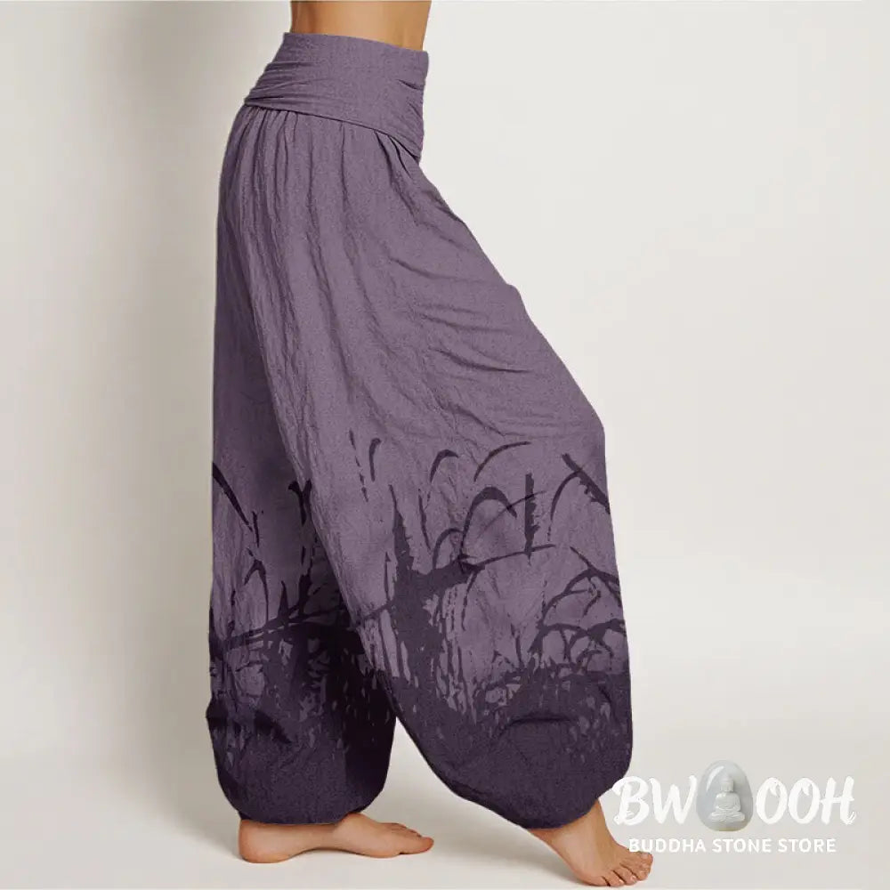 Buddha Stones Cotton Wild Grass Pattern Women’s Elastic Waist Harem Pants - Women’s Harem Pants