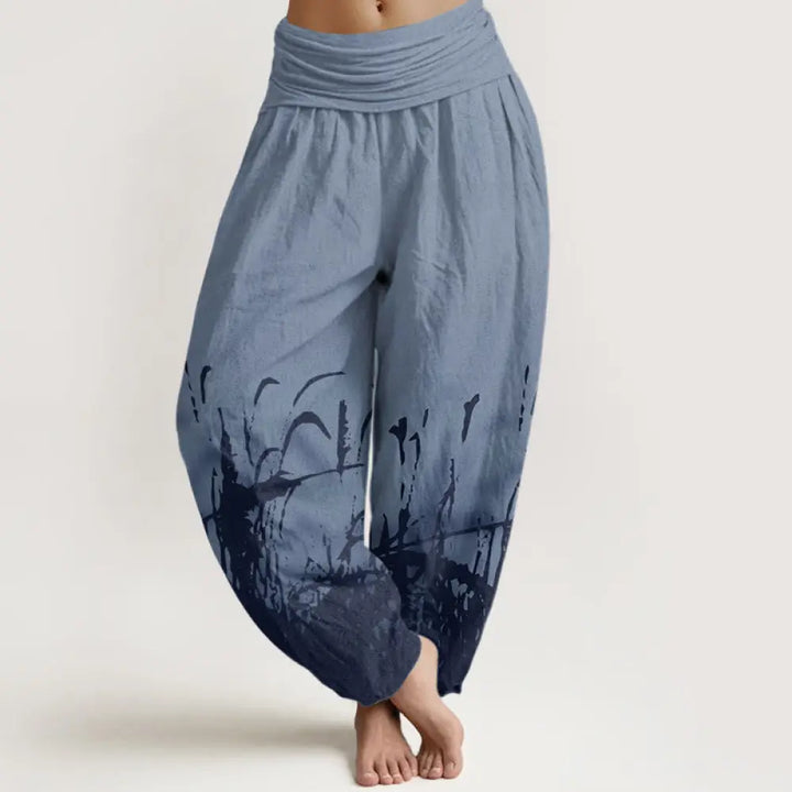 Buddha Stones Cotton Wild Grass Pattern Women’s Elastic Waist Harem Pants - CornflowerBlue / US2，UK/AU6，EU34 (XS)