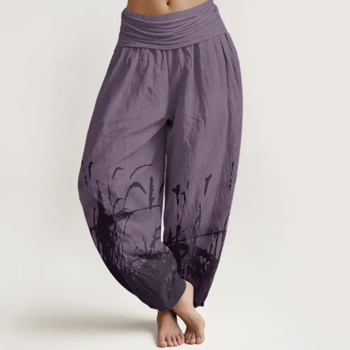 Buddha Stones Cotton Wild Grass Pattern Women’s Elastic Waist Harem Pants - Purple / US2，UK/AU6，EU34 (XS) - Women’s
