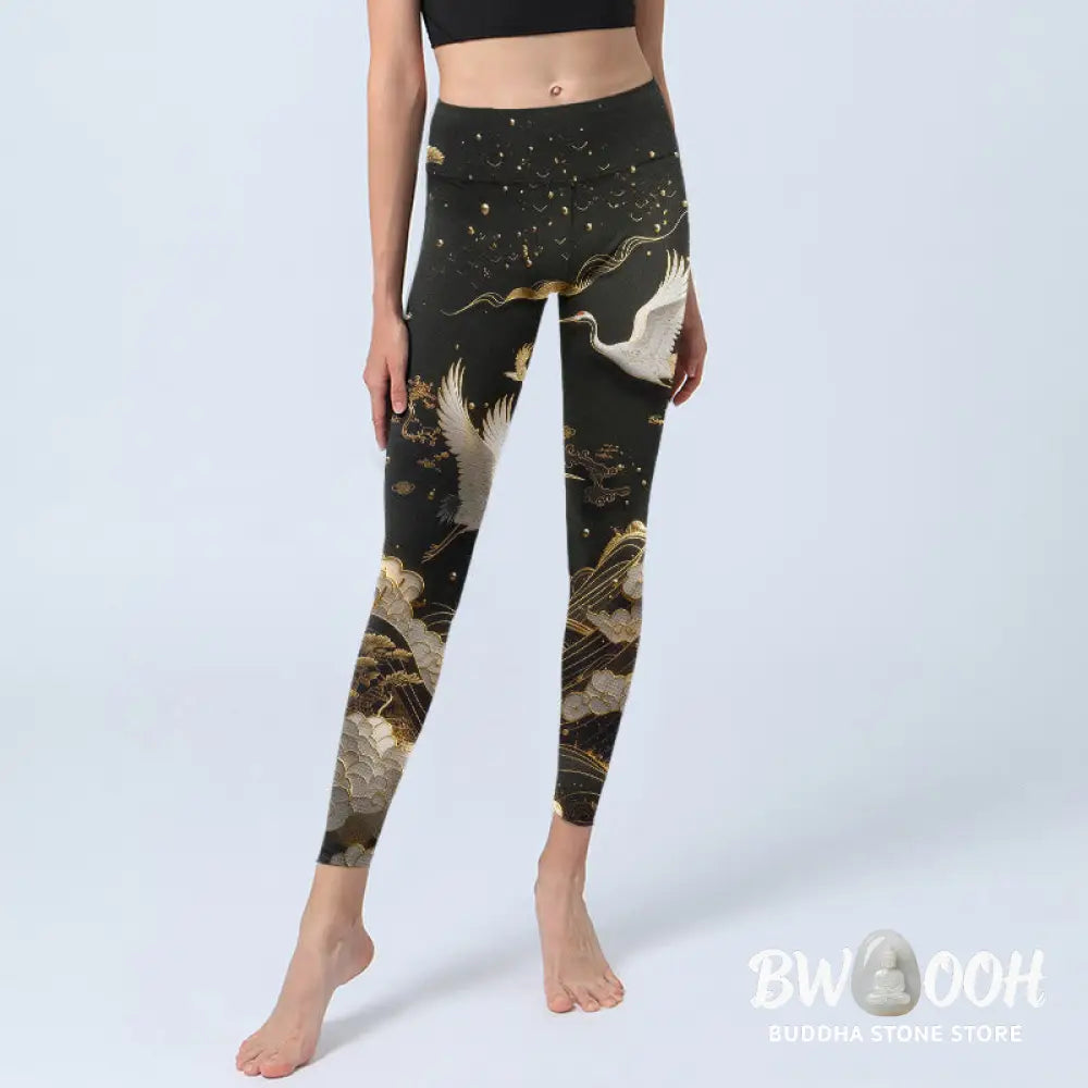 BWOOOH printed yoga leggings - Crane Cloud Waves Pine Tree Pattern With