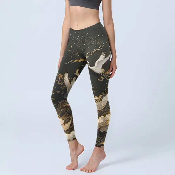BWOOOH printed yoga leggings - Crane Cloud Waves Pine Tree Pattern With