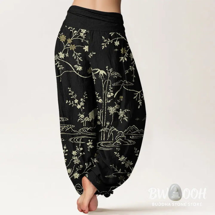 Buddha Stones Crane Floral Tree Branches Pattern Print Women’s Elastic Waist Harem Pure Cotton Pants - Women’s Harem