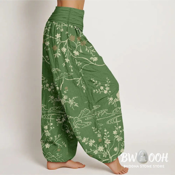 Buddha Stones Crane Floral Tree Branches Pattern Print Women’s Elastic Waist Harem Pure Cotton Pants - Women’s Harem