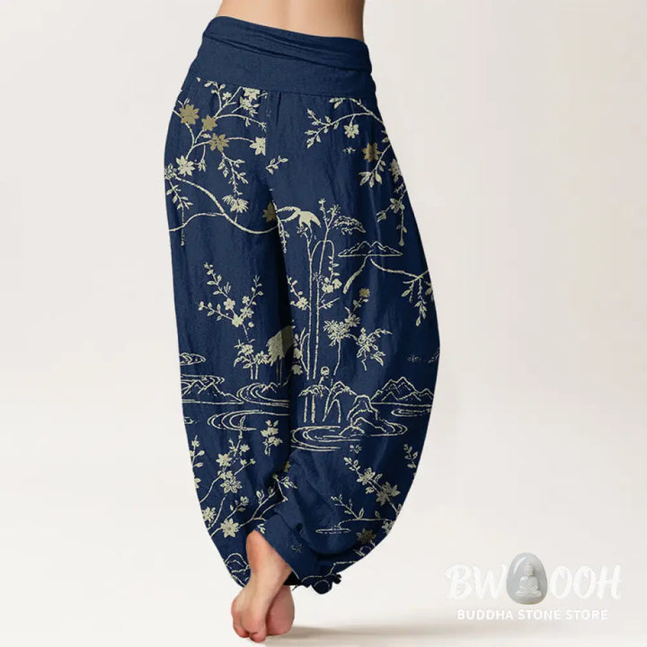 Buddha Stones Crane Floral Tree Branches Pattern Print Women’s Elastic Waist Harem Pure Cotton Pants - Women’s Harem