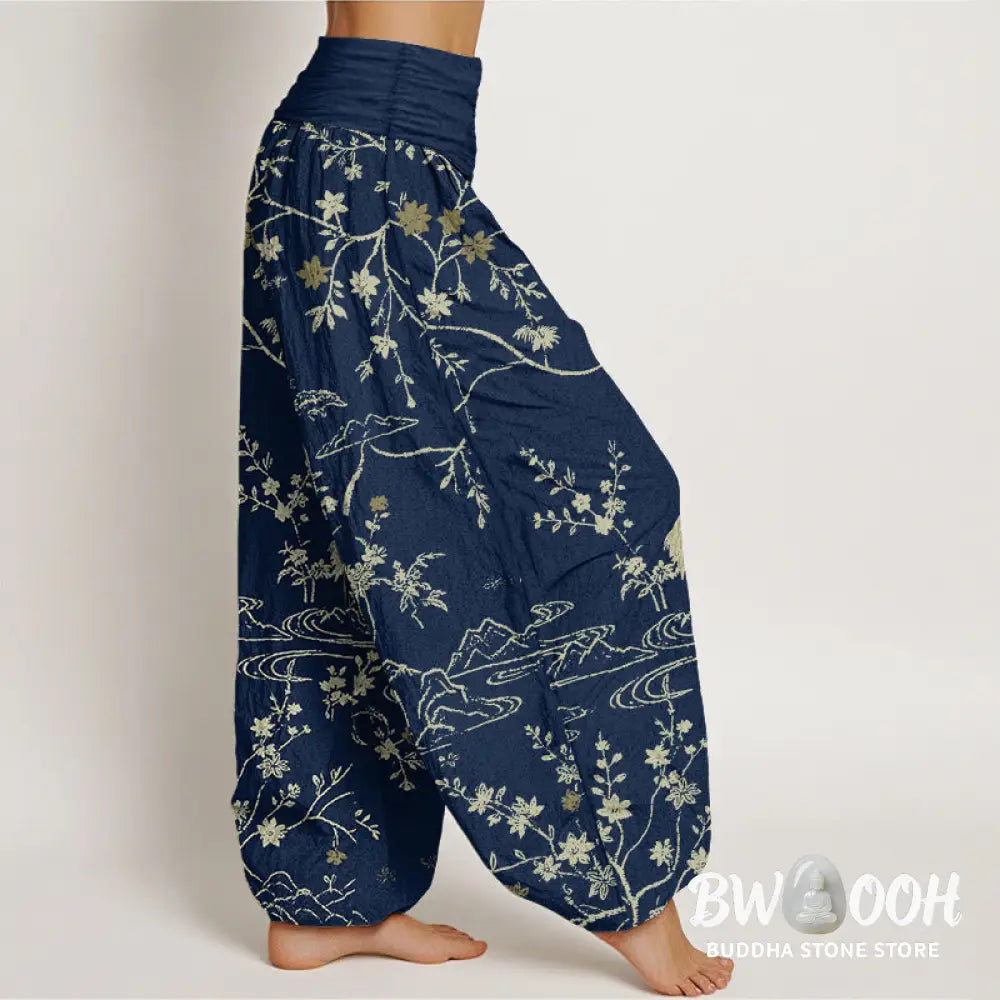 Buddha Stones Crane Floral Tree Branches Pattern Print Women’s Elastic Waist Harem Pure Cotton Pants - Women’s Harem