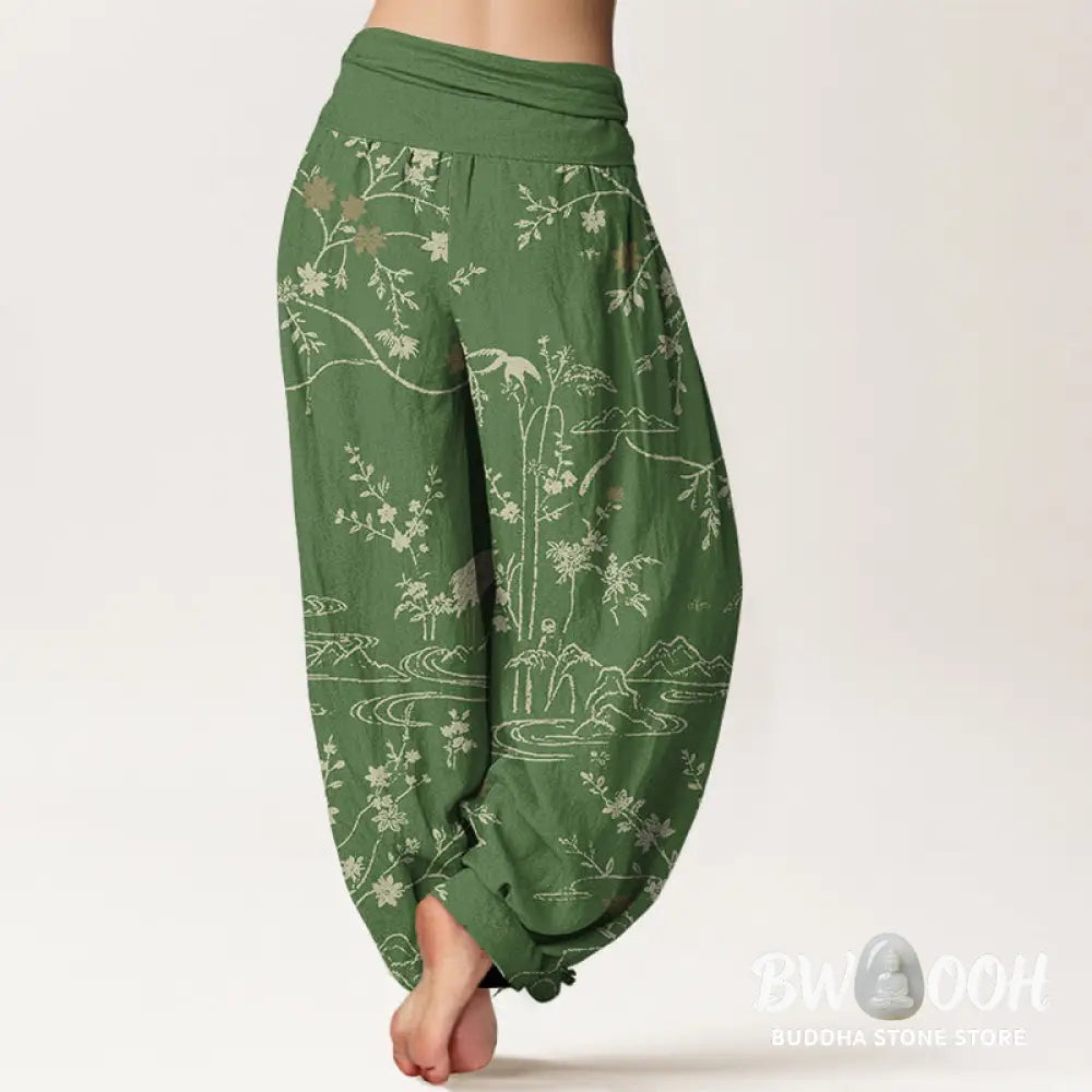 Buddha Stones Crane Floral Tree Branches Pattern Print Women’s Elastic Waist Harem Pure Cotton Pants - Women’s Harem