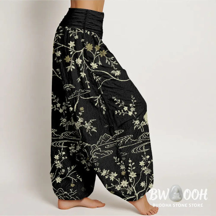 Buddha Stones Crane Floral Tree Branches Pattern Print Women’s Elastic Waist Harem Pure Cotton Pants - Women’s Harem