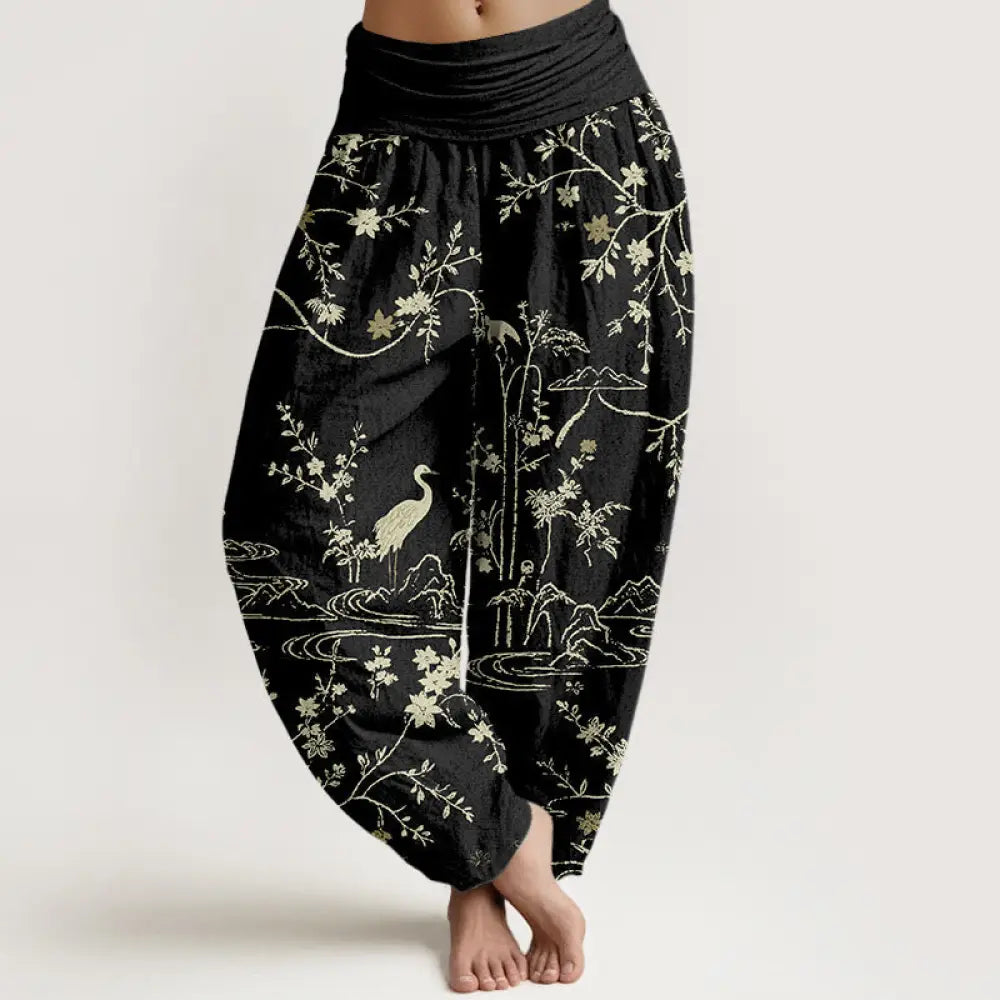 Buddha Stones Crane Floral Tree Branches Pattern Print Women’s Elastic Waist Harem Pure Cotton Pants - Blcak