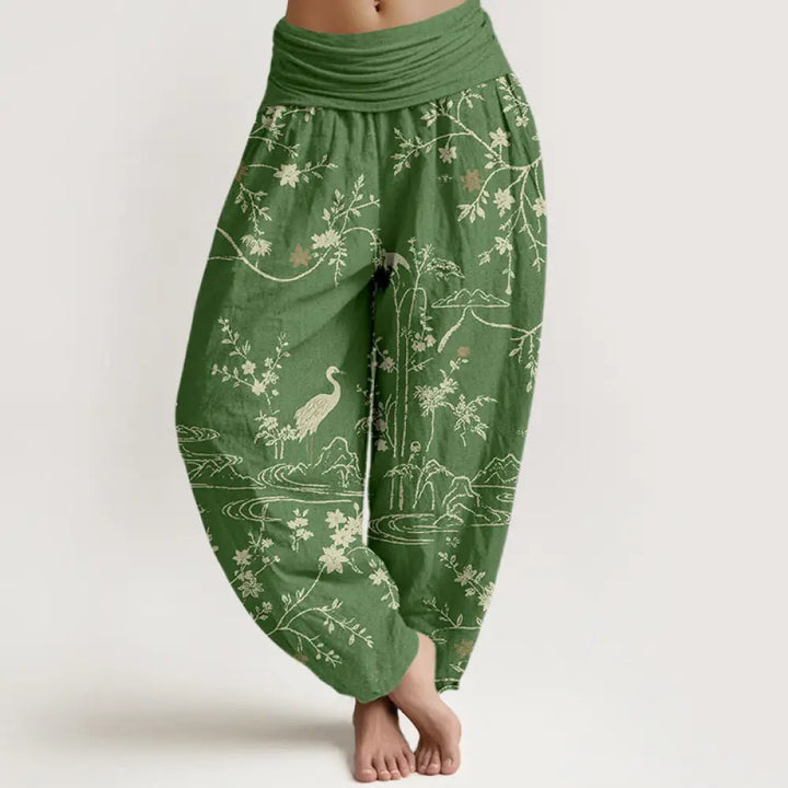 Buddha Stones Crane Floral Tree Branches Pattern Print Women’s Elastic Waist Harem Pure Cotton Pants - ForestGreen